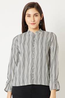 Women's Multicolored Round Neck full_sleeve Striped Tie-Up Buttoned Chinese Collared Top