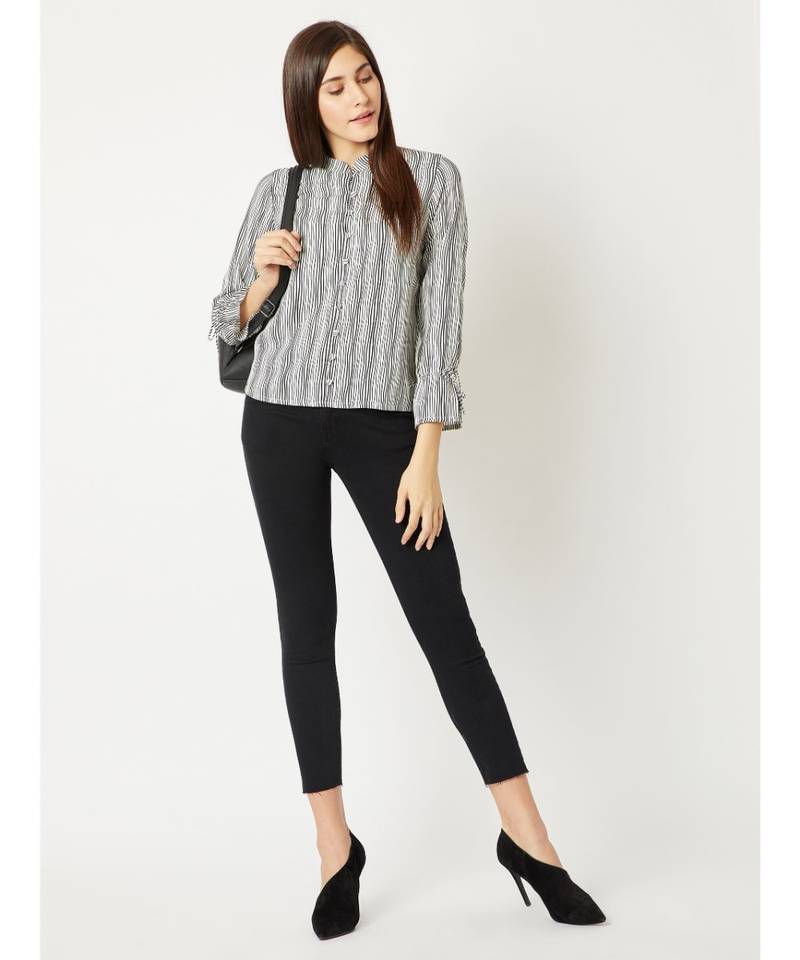 Women's Multicolored Round Neck full_sleeve Striped Tie-Up Buttoned Chinese Collared Top