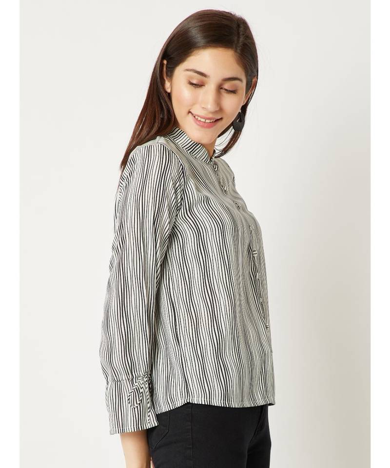 Women's Multicolored Round Neck full_sleeve Striped Tie-Up Buttoned Chinese Collared Top