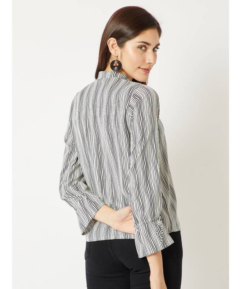 Women's Multicolored Round Neck full_sleeve Striped Tie-Up Buttoned Chinese Collared Top