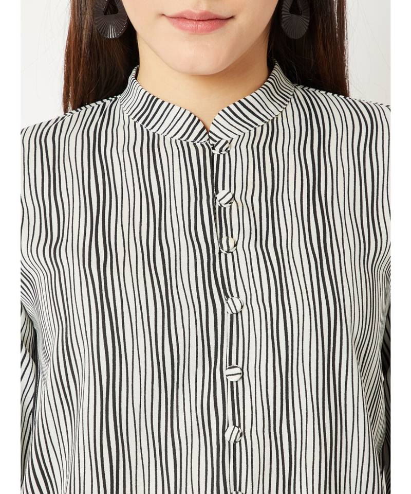 Women's Multicolored Round Neck full_sleeve Striped Tie-Up Buttoned Chinese Collared Top
