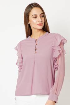 Women's Purple Round Neck Frilled full_sleeve Solid Ruffled Cuffed Top