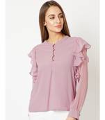 Women's Purple Round Neck Frilled full_sleeve Solid Ruffled Cuffed Top