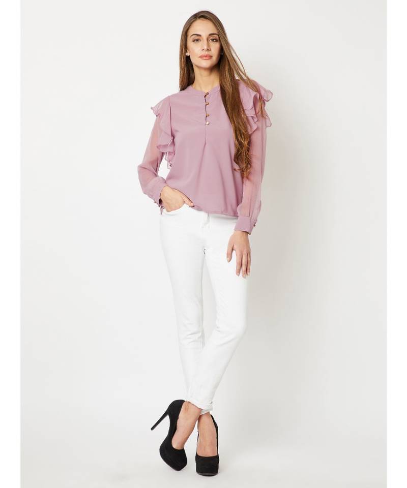 Women's Purple Round Neck Frilled full_sleeve Solid Ruffled Cuffed Top