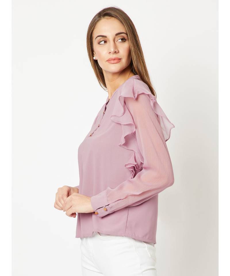 Women's Purple Round Neck Frilled full_sleeve Solid Ruffled Cuffed Top