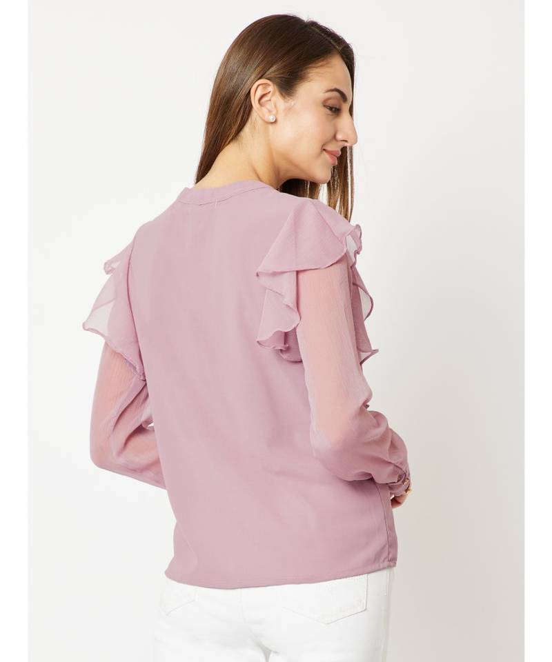 Women's Purple Round Neck Frilled full_sleeve Solid Ruffled Cuffed Top