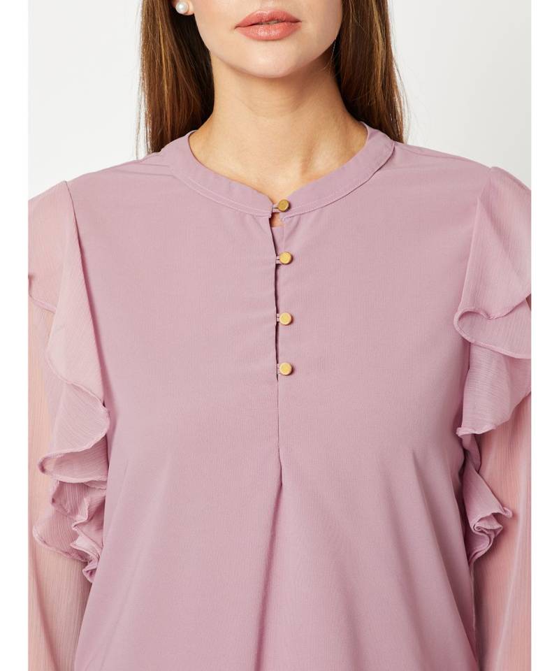 Women's Purple Round Neck Frilled full_sleeve Solid Ruffled Cuffed Top