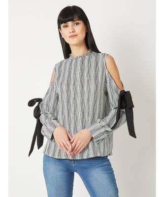 Women's Black And White Round Neck full_sleeve Striped Tie-Up Pleated Cold Shoulder Top 1