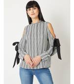 Women's Black And White Round Neck full_sleeve Striped Tie-Up Pleated Cold Shoulder Top