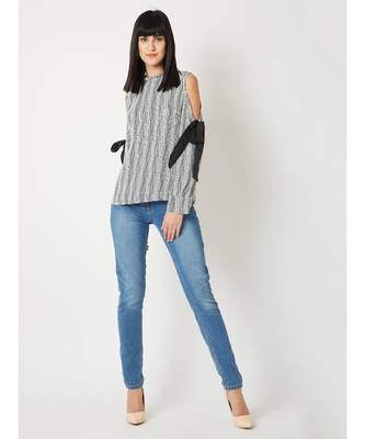 Women's Black And White Round Neck full_sleeve Striped Tie-Up Pleated Cold Shoulder Top 2