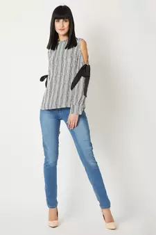 Women's Black And White Round Neck full_sleeve Striped Tie-Up Pleated Cold Shoulder Top