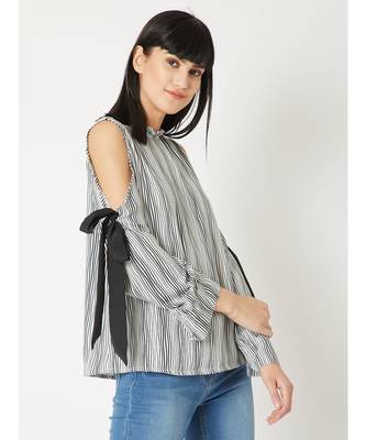 Women's Black And White Round Neck full_sleeve Striped Tie-Up Pleated Cold Shoulder Top 3