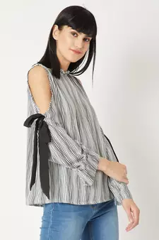 Women's Black And White Round Neck full_sleeve Striped Tie-Up Pleated Cold Shoulder Top