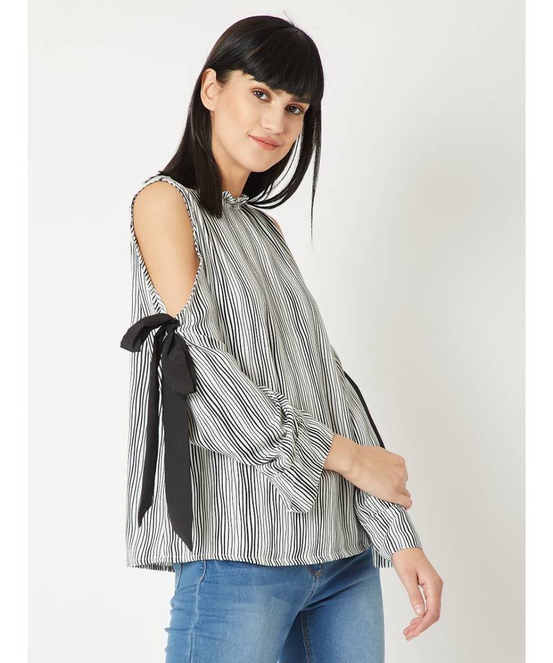 Women's Black And White Round Neck full_sleeve Striped Tie-Up Pleated Cold Shoulder Top