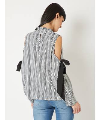Women's Black And White Round Neck full_sleeve Striped Tie-Up Pleated Cold Shoulder Top 4