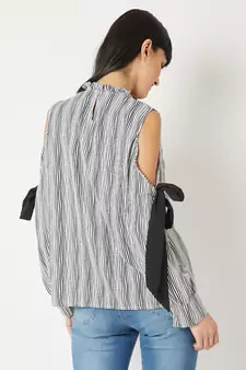 Women's Black And White Round Neck full_sleeve Striped Tie-Up Pleated Cold Shoulder Top