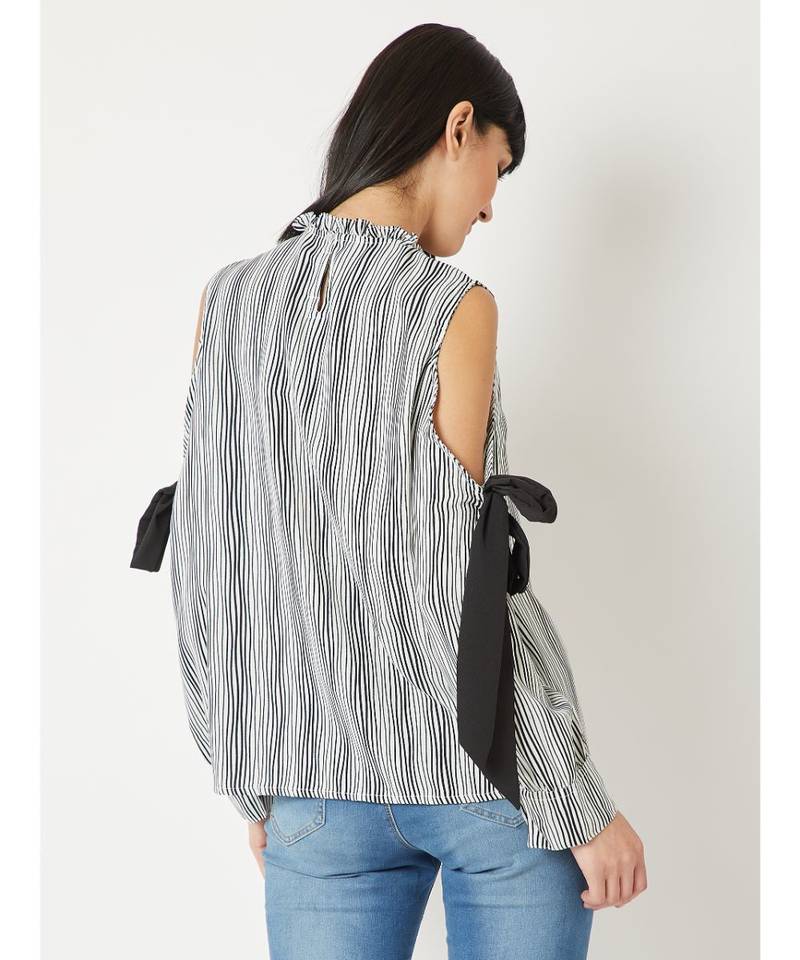 Women's Black And White Round Neck full_sleeve Striped Tie-Up Pleated Cold Shoulder Top