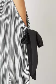 Women's Black And White Round Neck full_sleeve Striped Tie-Up Pleated Cold Shoulder Top
