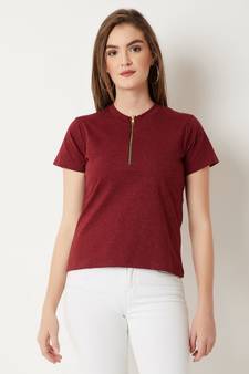 Women's Maroon Round Neck half_sleeve Cotton Solid Zippered High Neck Top