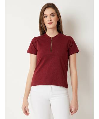 Women's Maroon Round Neck half_sleeve Cotton Solid Zippered High Neck Top 1