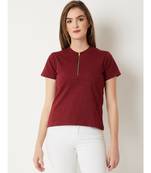 Women's Maroon Round Neck half_sleeve Cotton Solid Zippered High Neck Top