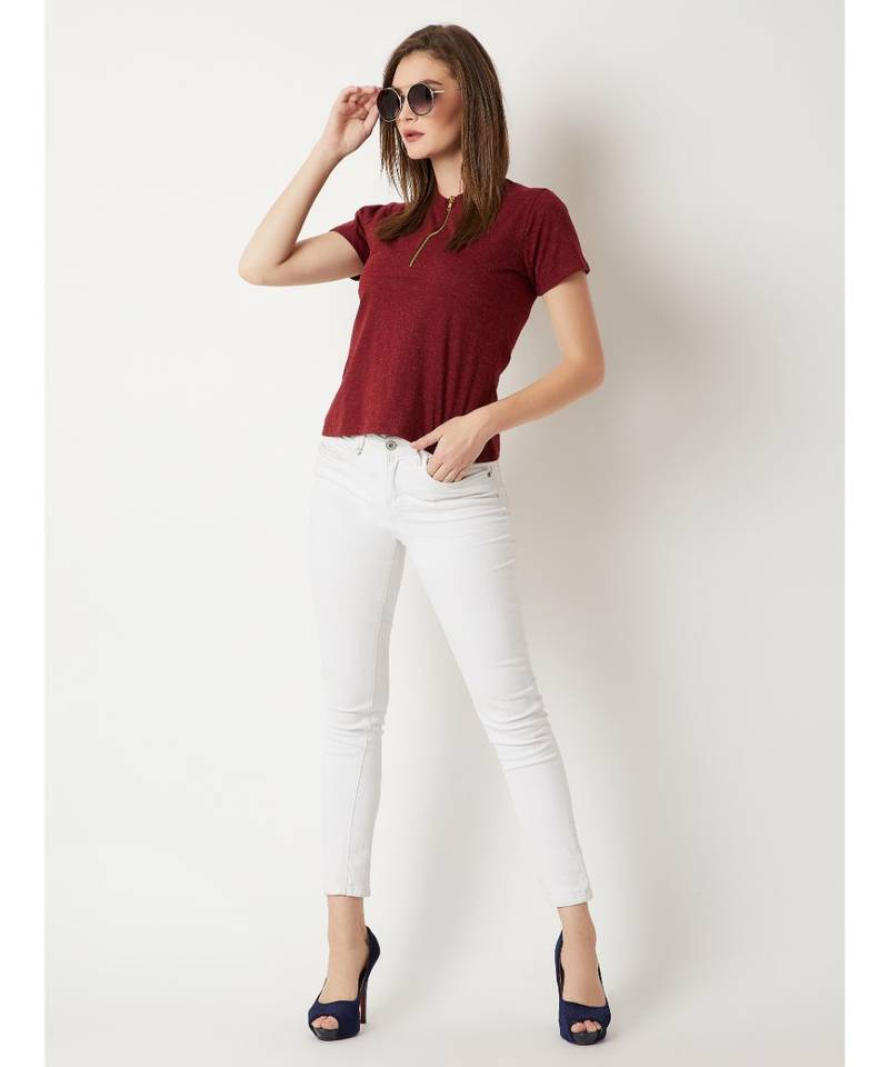 Women's Maroon Round Neck half_sleeve Cotton Solid Zippered High Neck Top