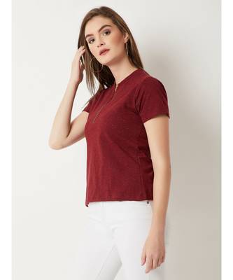 Women's Maroon Round Neck half_sleeve Cotton Solid Zippered High Neck Top 3