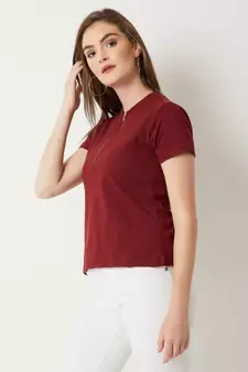 Women's Maroon Round Neck half_sleeve Cotton Solid Zippered High Neck Top