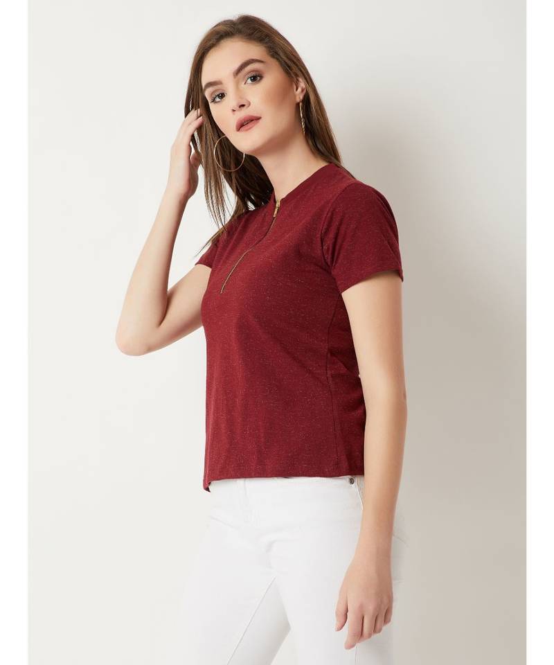 Women's Maroon Round Neck half_sleeve Cotton Solid Zippered High Neck Top