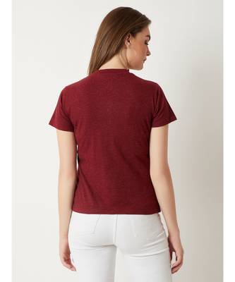 Women's Maroon Round Neck half_sleeve Cotton Solid Zippered High Neck Top 4