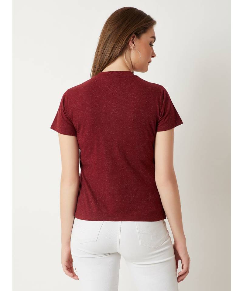 Women's Maroon Round Neck half_sleeve Cotton Solid Zippered High Neck Top