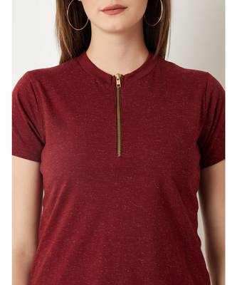 Women's Maroon Round Neck half_sleeve Cotton Solid Zippered High Neck Top 5