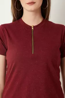Women's Maroon Round Neck half_sleeve Cotton Solid Zippered High Neck Top