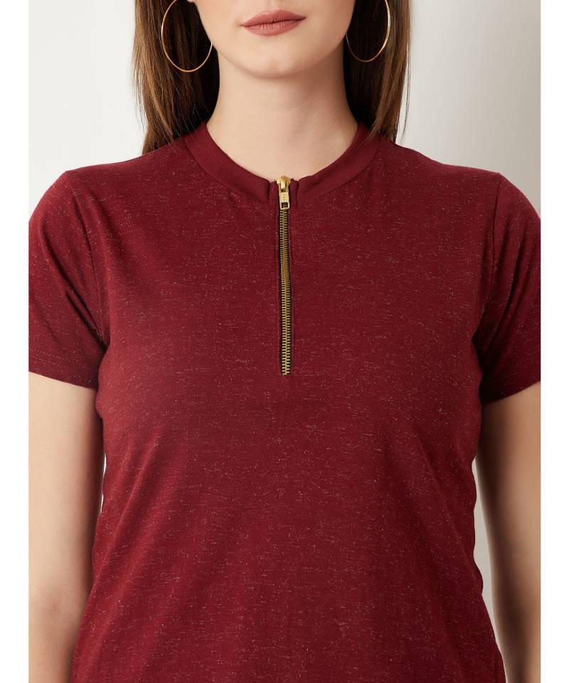 Women's Maroon Round Neck half_sleeve Cotton Solid Zippered High Neck Top