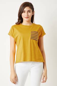 Women's Mustard Yellow Round Neck Continuous short_sleeve Cotton Solid Twill Pocket T-Shirt