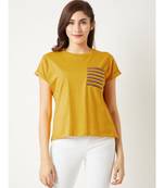 Women's Mustard Yellow Round Neck Continuous short_sleeve Cotton Solid Twill Pocket T-Shirt