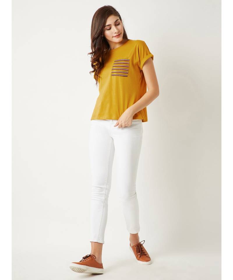 Women's Mustard Yellow Round Neck Continuous short_sleeve Cotton Solid Twill Pocket T-Shirt