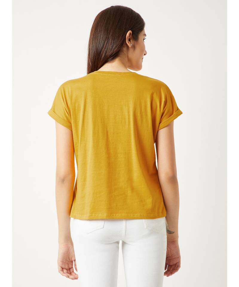 Women's Mustard Yellow Round Neck Continuous short_sleeve Cotton Solid Twill Pocket T-Shirt