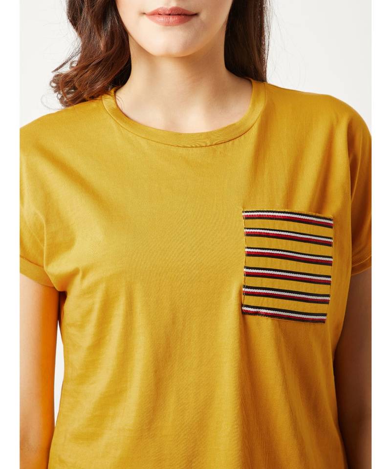 Women's Mustard Yellow Round Neck Continuous short_sleeve Cotton Solid Twill Pocket T-Shirt