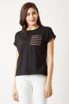 Women's Black Round Neck Continuous short_sleeve Cotton Solid Twill Pocket T-Shirt