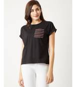 Women's Black Round Neck Continuous short_sleeve Cotton Solid Twill Pocket T-Shirt
