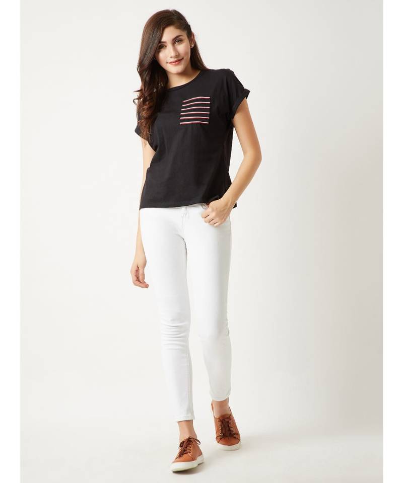 Women's Black Round Neck Continuous short_sleeve Cotton Solid Twill Pocket T-Shirt