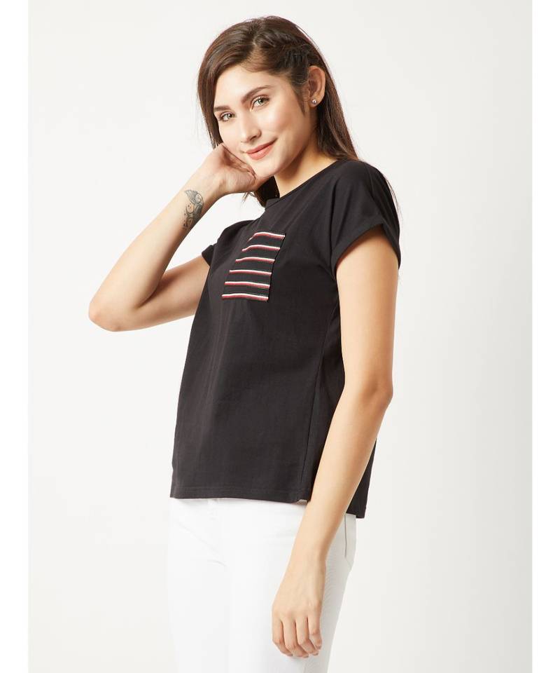 Women's Black Round Neck Continuous short_sleeve Cotton Solid Twill Pocket T-Shirt