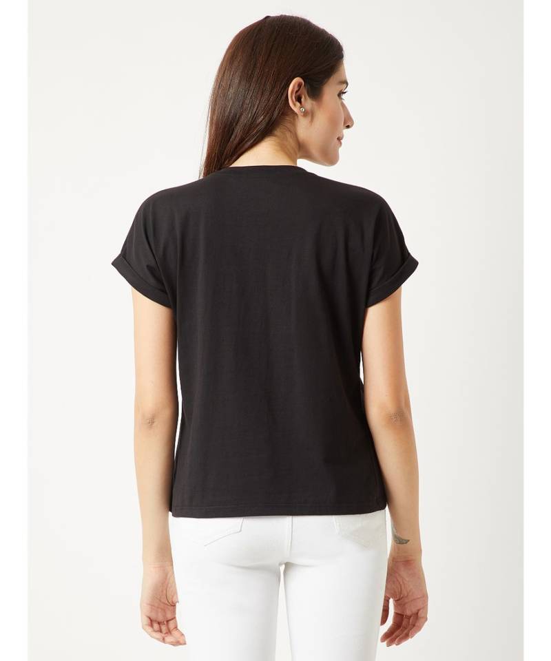 Women's Black Round Neck Continuous short_sleeve Cotton Solid Twill Pocket T-Shirt