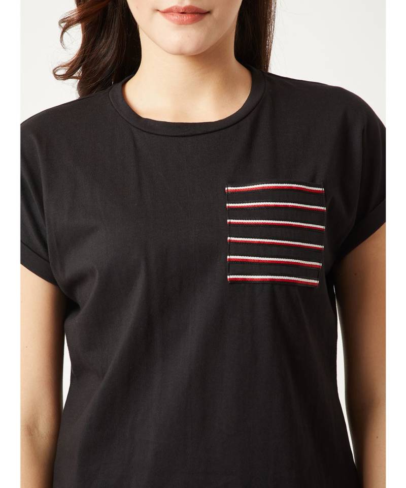 Women's Black Round Neck Continuous short_sleeve Cotton Solid Twill Pocket T-Shirt