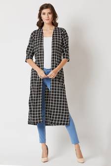 Women's Multicolored With A Black Base Square Neck quarter_sleeve Checkered Longline Side Slit Open Front Midi Shrug