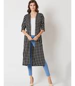 Women's Multicolored With A Black Base Square Neck quarter_sleeve Checkered Longline Side Slit Open Front Midi Shrug