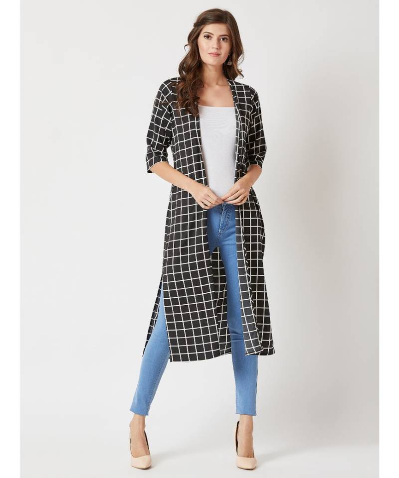 Women's Multicolored With A Black Base Square Neck quarter_sleeve Checkered Longline Side Slit Open Front Midi Shrug