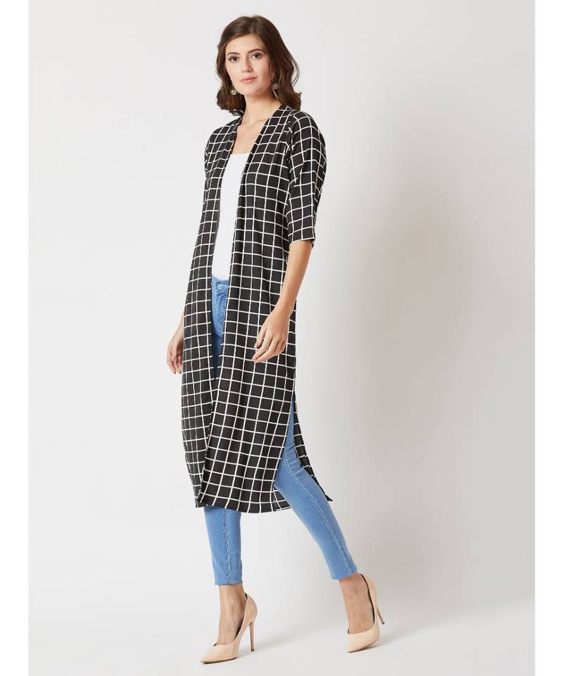 Women's Multicolored With A Black Base Square Neck quarter_sleeve Checkered Longline Side Slit Open Front Midi Shrug