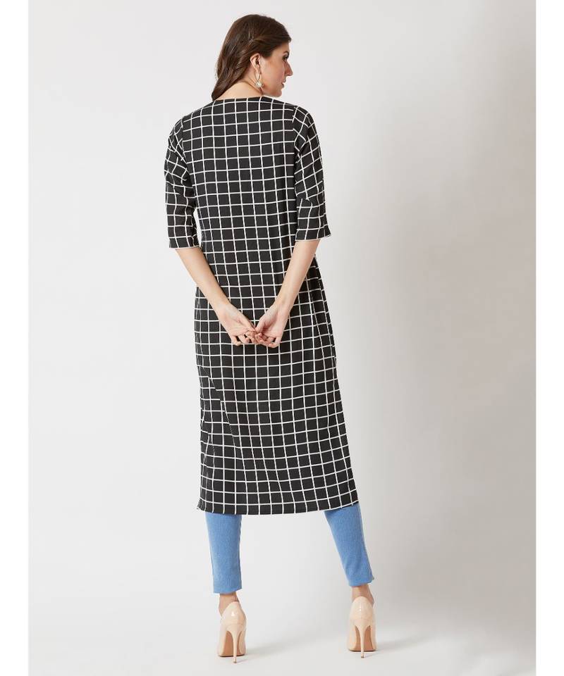Women's Multicolored With A Black Base Square Neck quarter_sleeve Checkered Longline Side Slit Open Front Midi Shrug